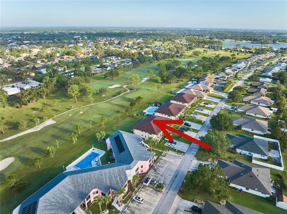 The community pool is situated behind the building to the right