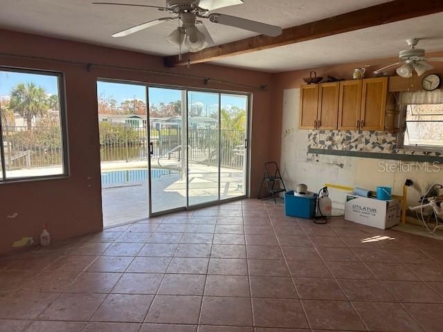 Kitchen showing view through sliding glass doors