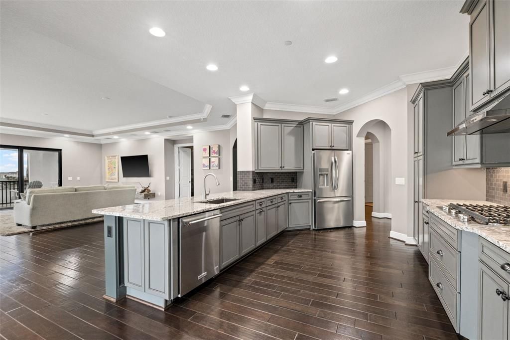 Kitchen overlooking living room with water views