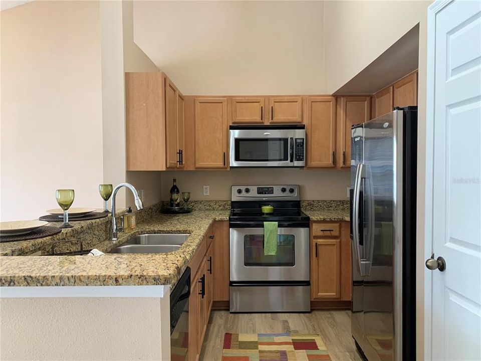 SS appliances, granite counters & wood cabinets