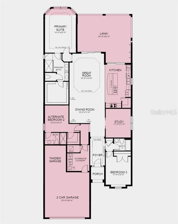 Floor Plan - Structural options added include: bay windows to primary suite, study with pocket doors in place of a flex room, tandem garage, gourmet kitchen, covered extended lanai with outdoor kitchen rough-in.