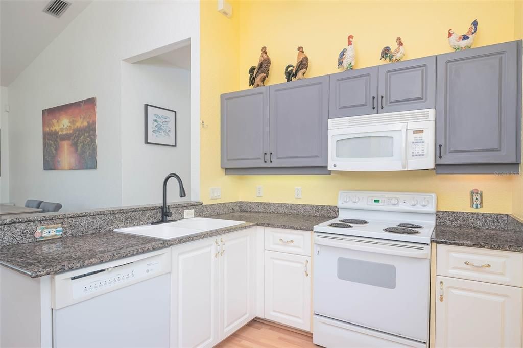 Guest cottage kitchen with dishwasher, overhead microwave, stove