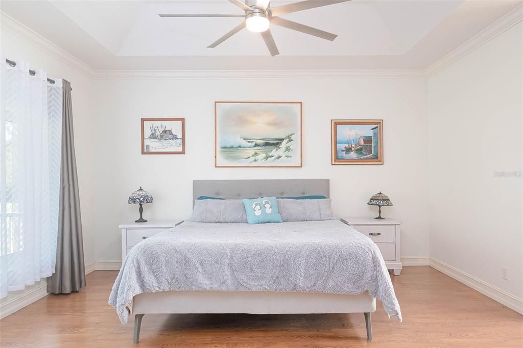 Master suite with a tray ceiling and fan.