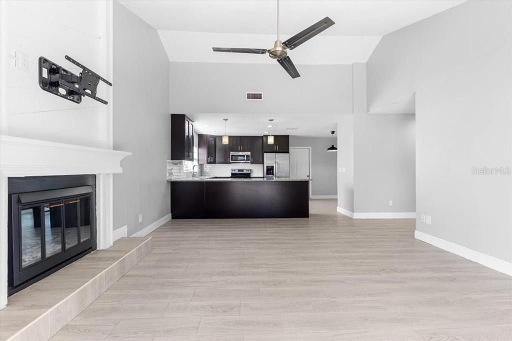 Another view of the family room and kitchen