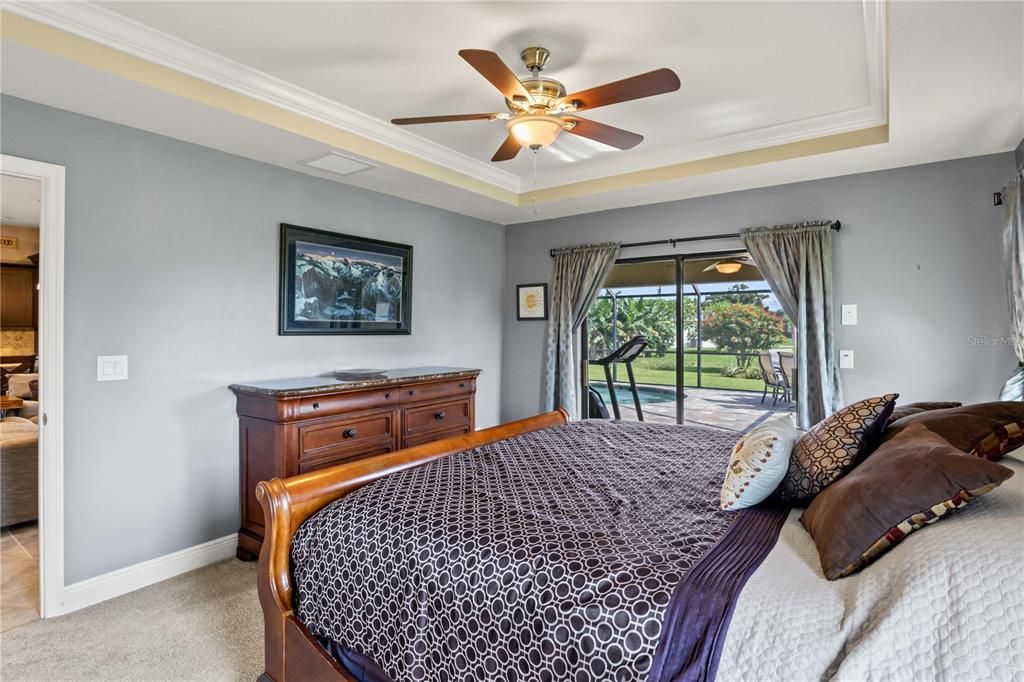 Carpeted bedroom with access to outside, a tray ceiling, crown molding, and ceiling fan