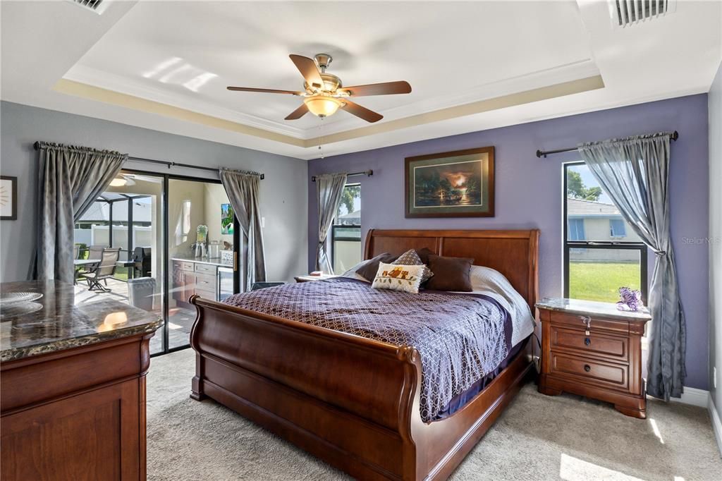 Carpeted bedroom featuring a tray ceiling, ceiling fan, and access to exterior