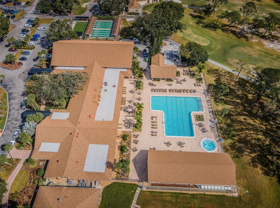 Aerial view of clubhouse & pool