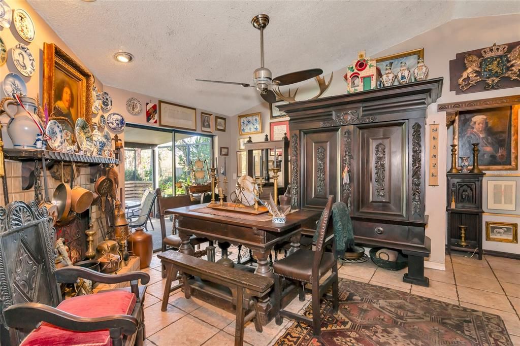 Dining room/living room with fireplace