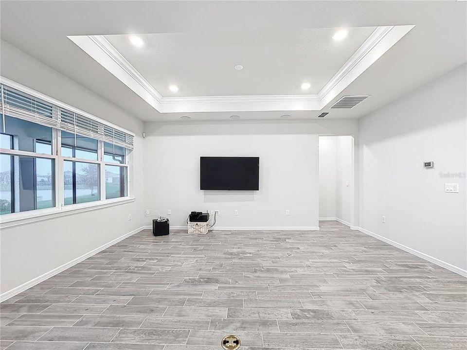 Trayed ceilings and built in surround speakers in livingroom