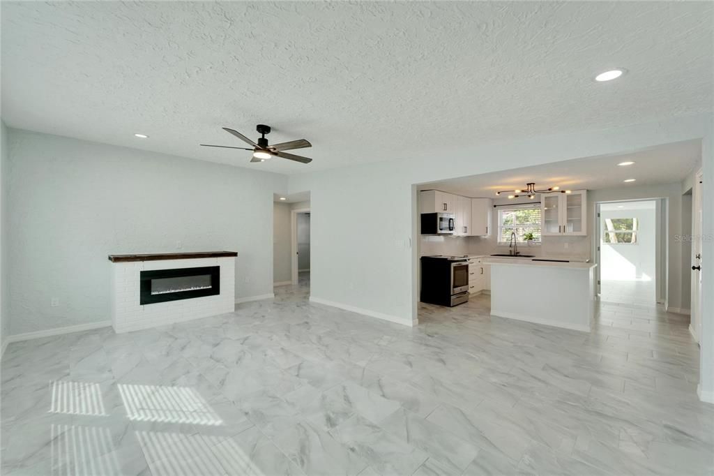 Family room with view to kitchen.