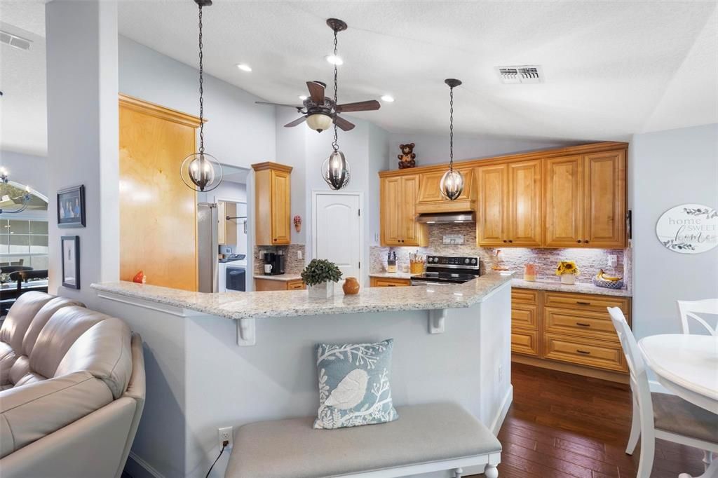 Kitchen Eat-in Bar and Pendant Lights.