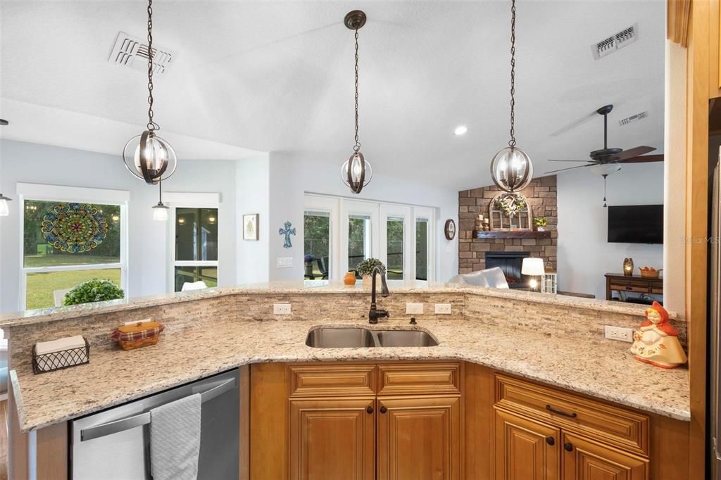 All Granite Counter Tops and Pendant Lights.