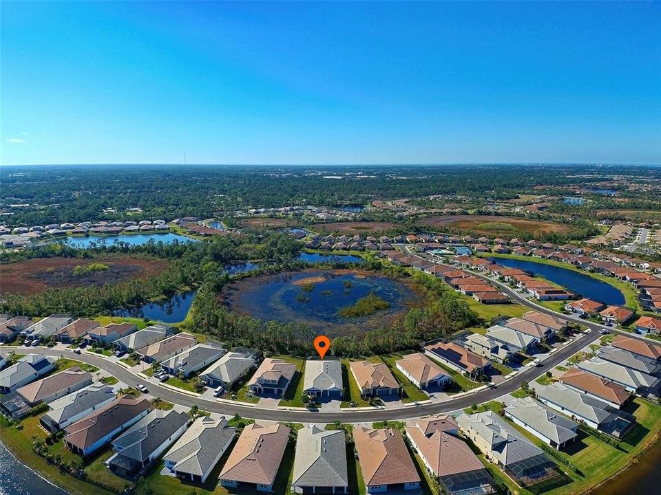 Bird's eye view of this stunning home with preserve/pond view behind the home.  Home is near a cul-de-sac, so there is very little road traffic.