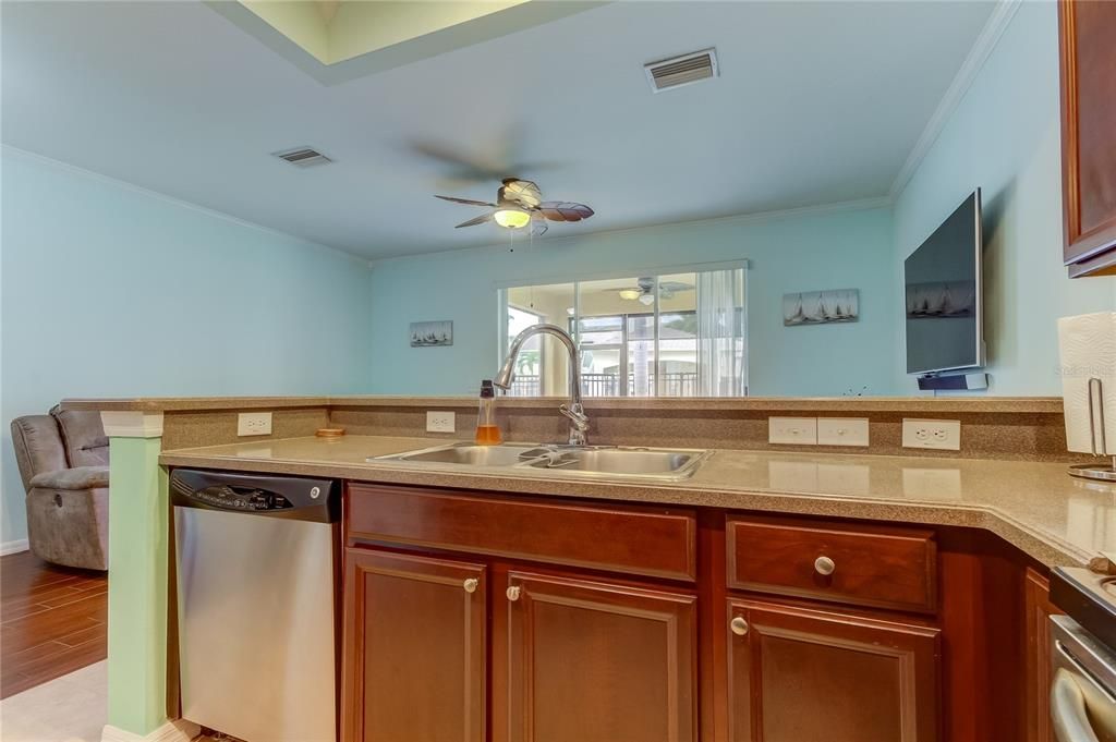 Kitchen with view of family room.