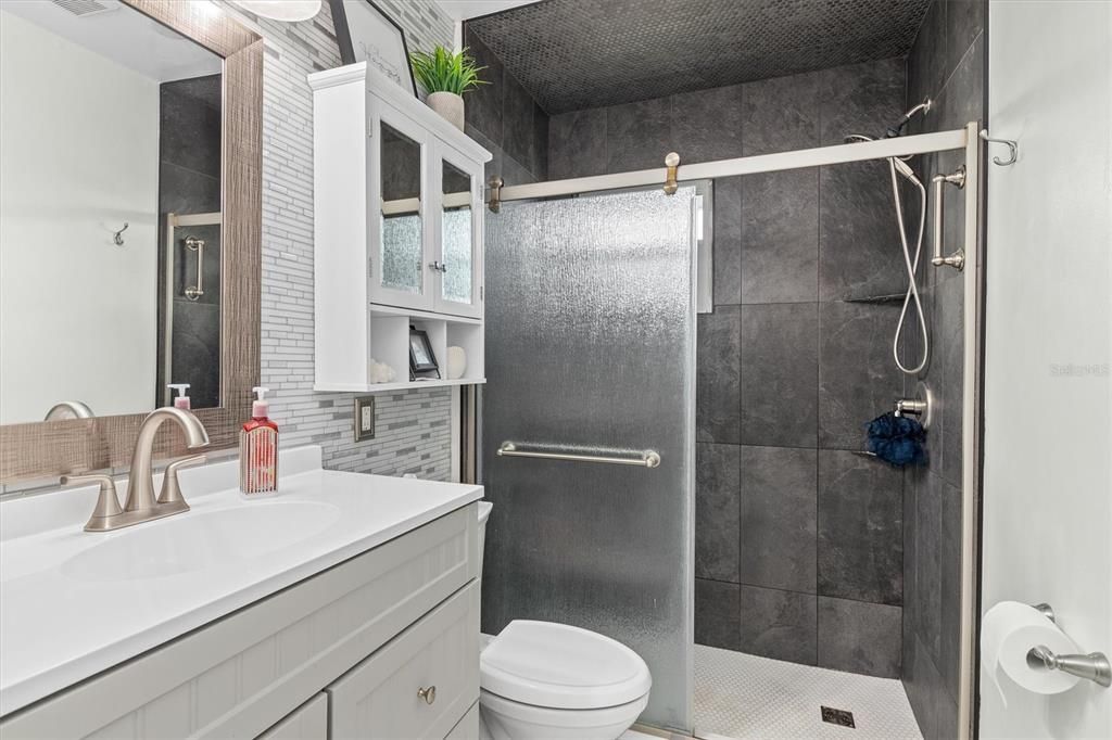 Newly updated Guest Bathroom with tiled shower.