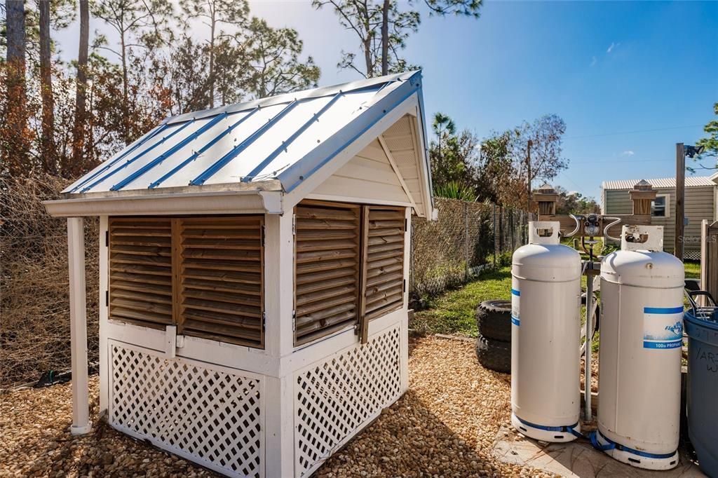 Covered whole house generator and propane tanks