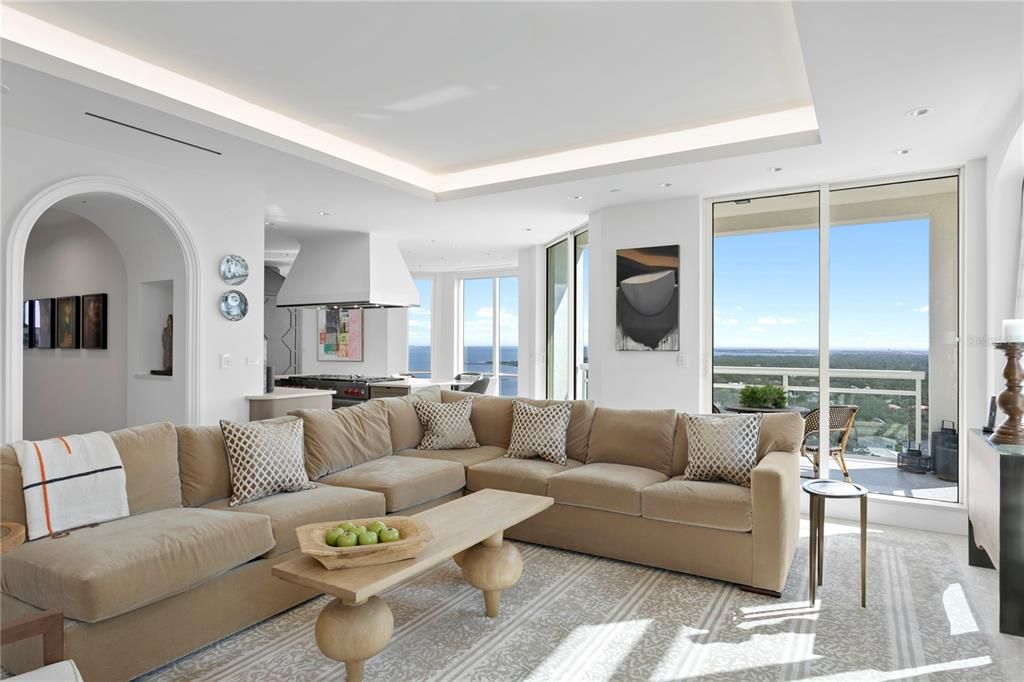 Family room adjacent to the kitchen with views of the St Pete skyline