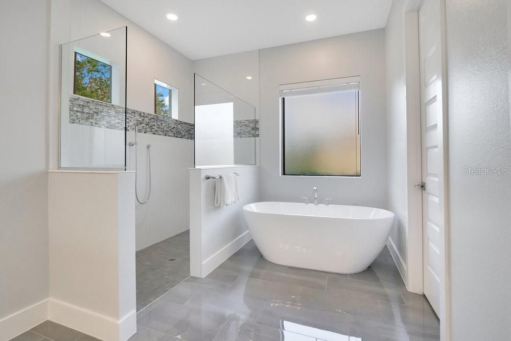 walk-in shower and luxury soaking tub