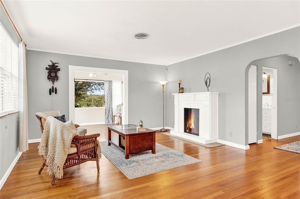 Living room with decorative fireplace