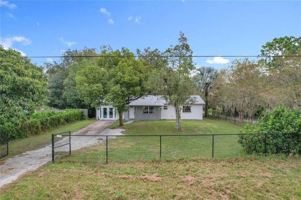 Large front yard with privacy bushes