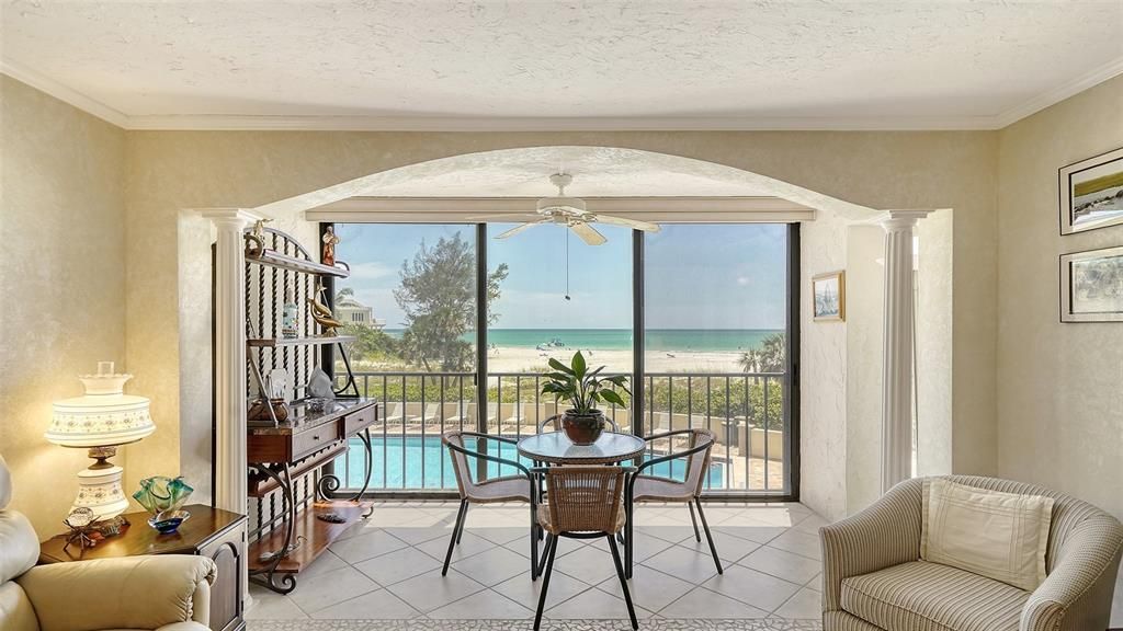 This unit offers perfect views of the Gulf, sky, beach, landscaping, and beachside pool.