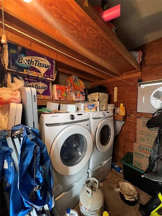 Outdoor storage and laundry, washer and dryer included