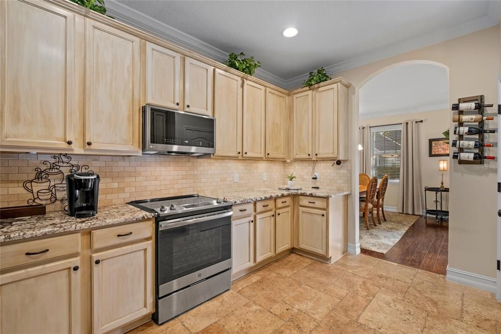 Travertine floors and backsplash