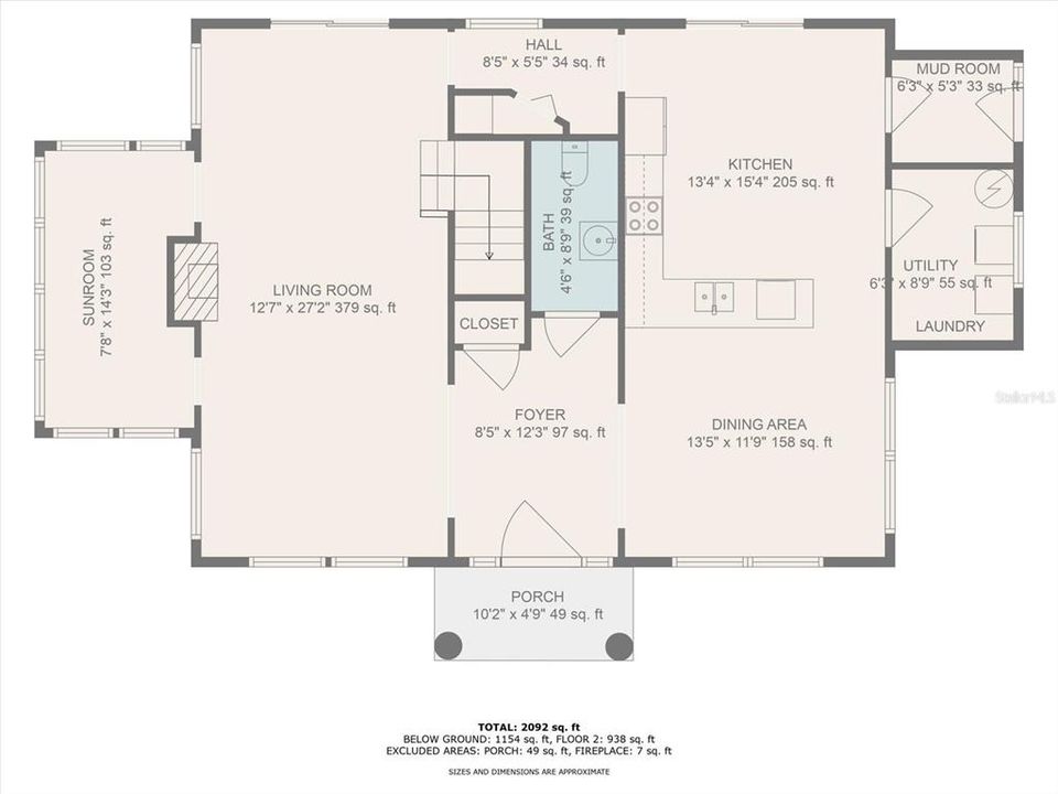 Downstairs floor plan with room dimensions