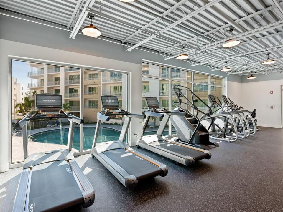 Well equipped fitness center overlooking pool