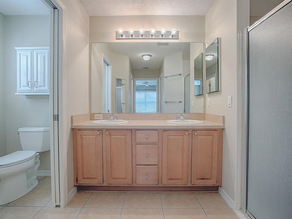 MASTER BATH VANITY WITH DUAL SINKS AND SEPARATE TOILET ROOM WITH SLIDING POCKET DOOR