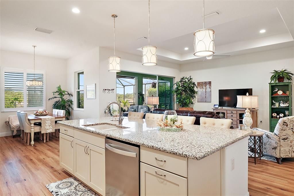 kitchen island and great room/dining