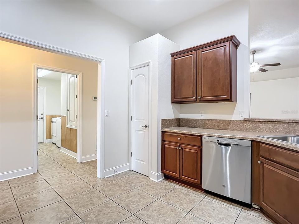 View of kitchen looking into the laundry