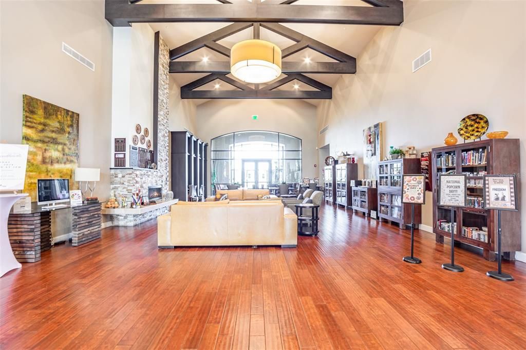 Clubhouse lobby. Library and computers