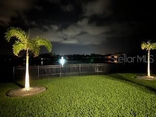 Nighttime view of pond and fountain from backyard.