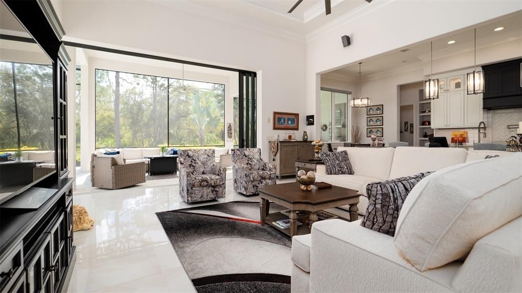 Great room looking towards lanai and kitchen.