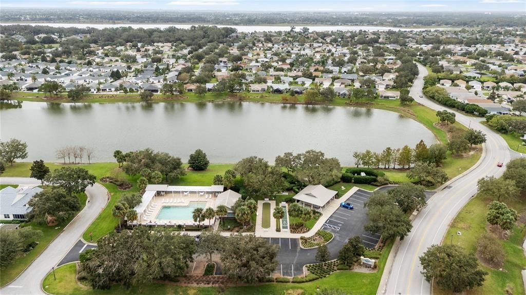 AERIAL looking South, closeup of nearby Ashland Pool and Postal Station with adjacent pond (front center)and nearby Lake Miona (deep L to deep R)