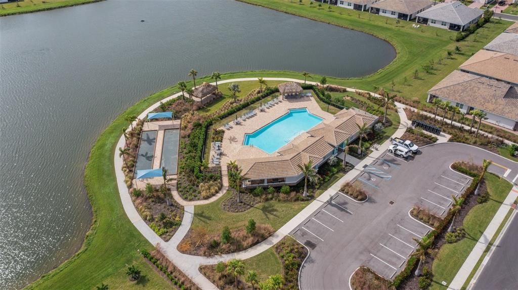 Aerial view of clubhouse, pool and bocce area