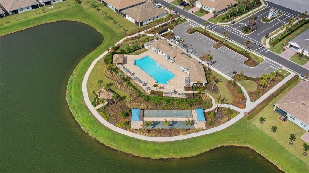 Aerial view of clubhouse, pool and bocce area