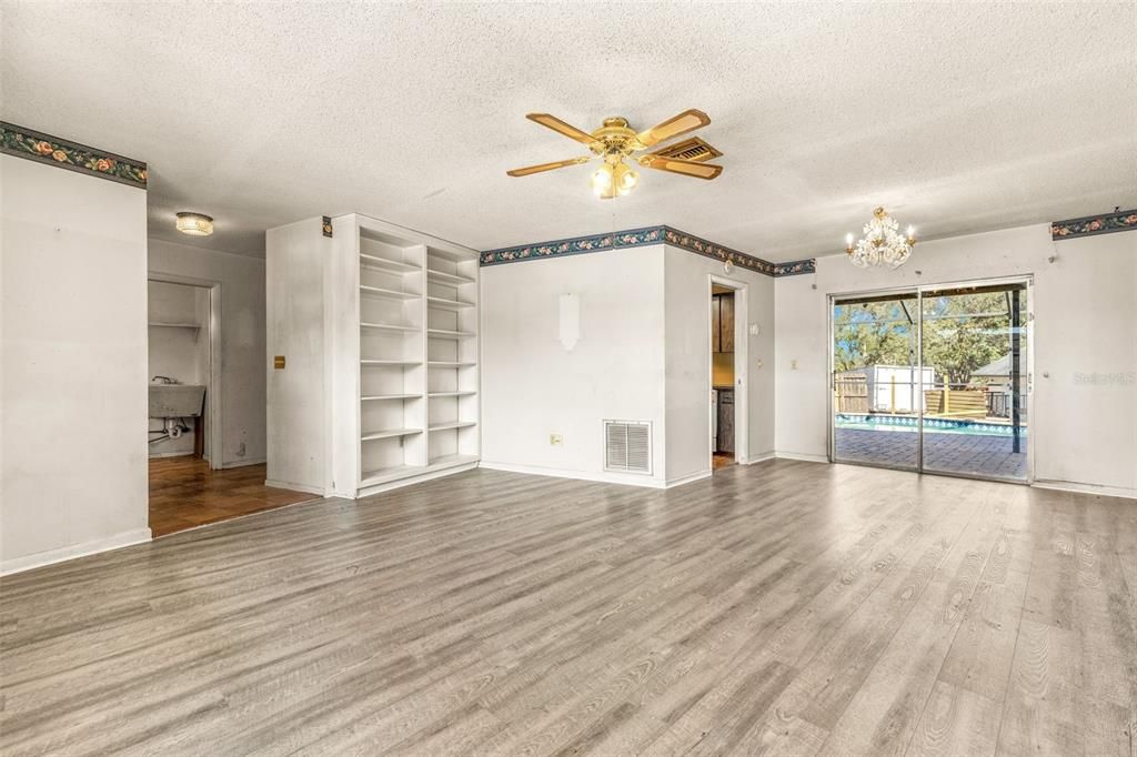 Front family room into formal dining area showing built-ins