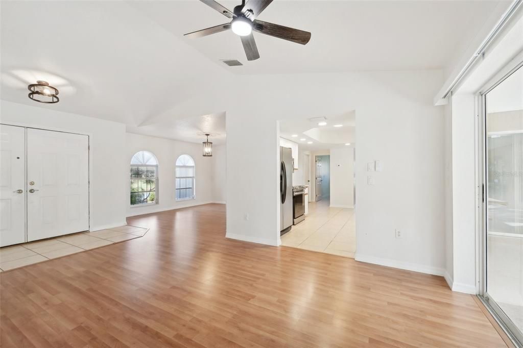 Living room kitchen and dining room view