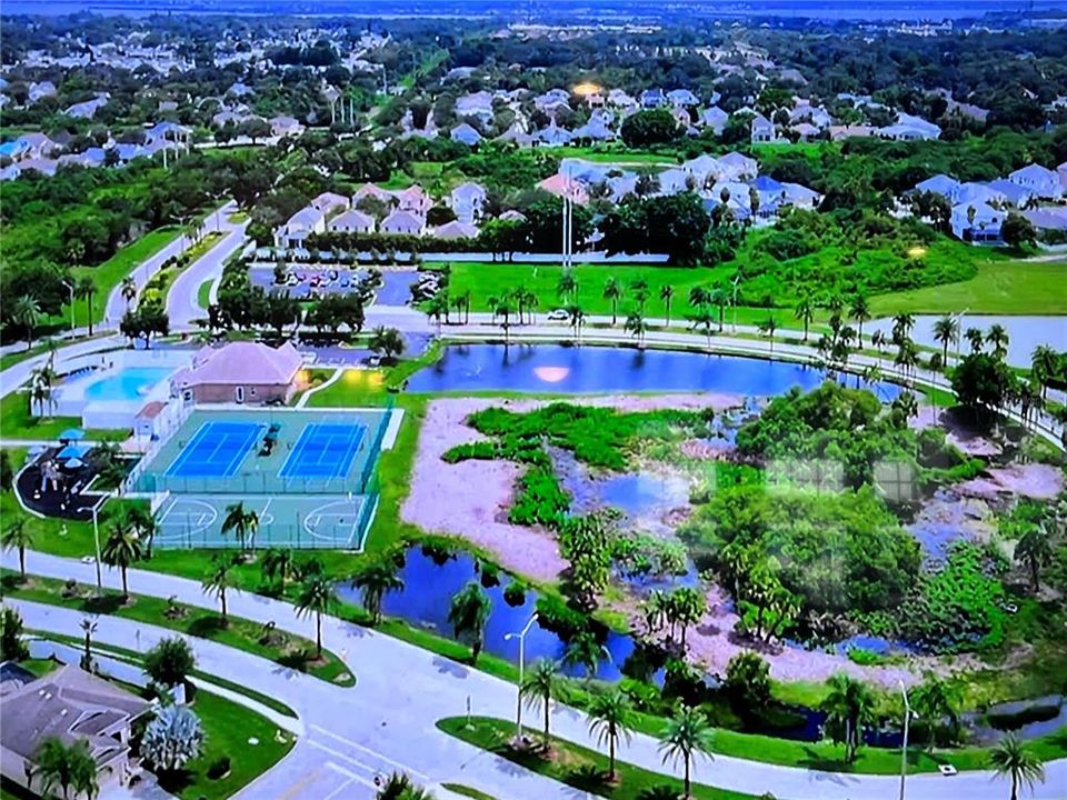 Drone shot of clubhouse area.