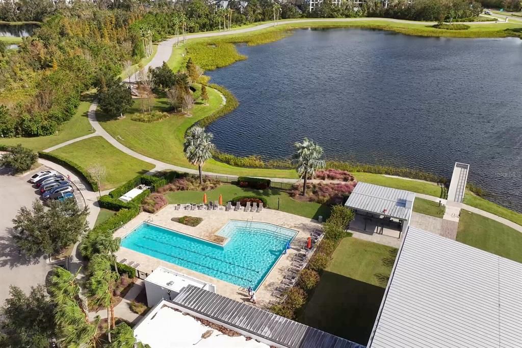 The Landing Club pool features multiple lap lanes and is heated year round