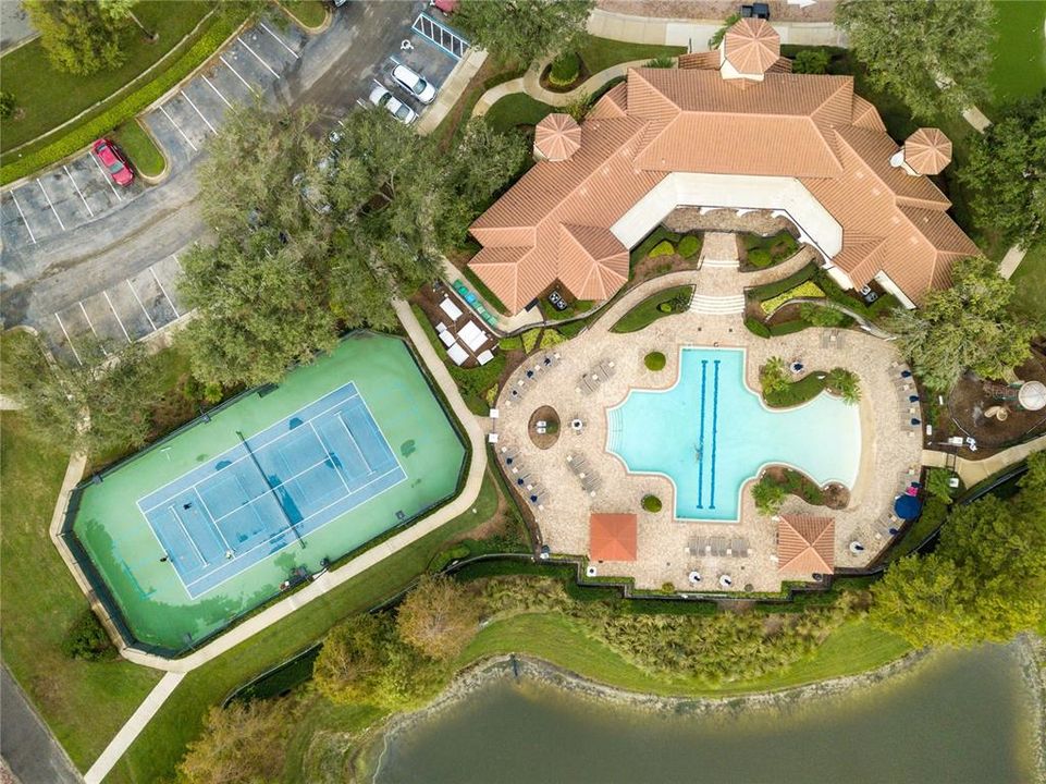 Pool, courts, and clubhouse aerial view