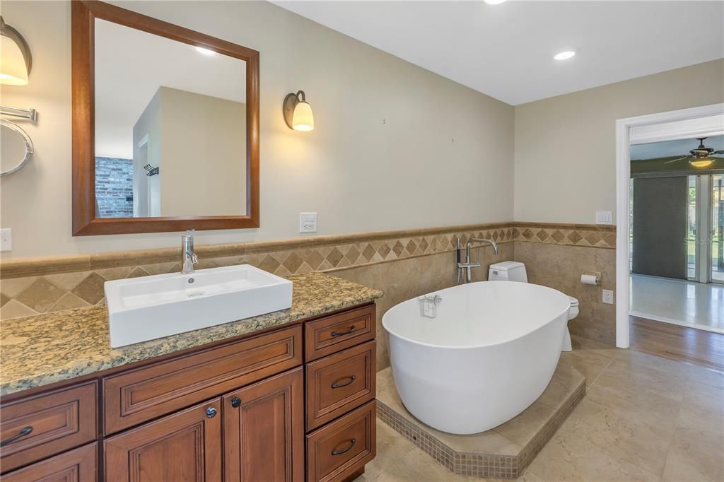 Primary bathroom and soaking tub.