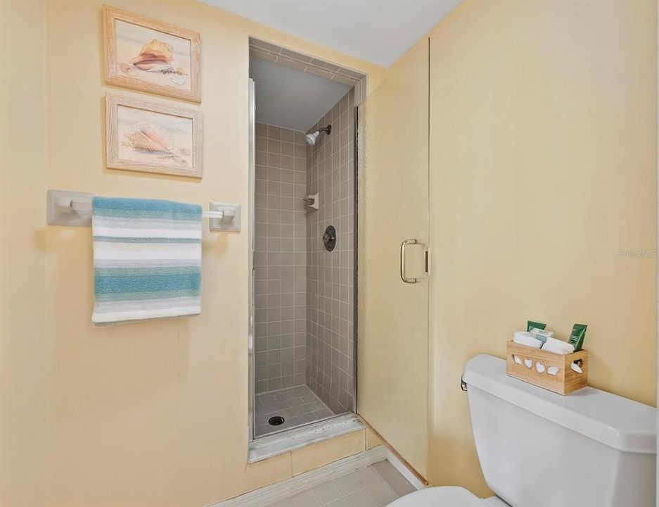 To the left of the en-suite vanity, another door gives ultimate privacy to the lavatory and additional walk-in shower.