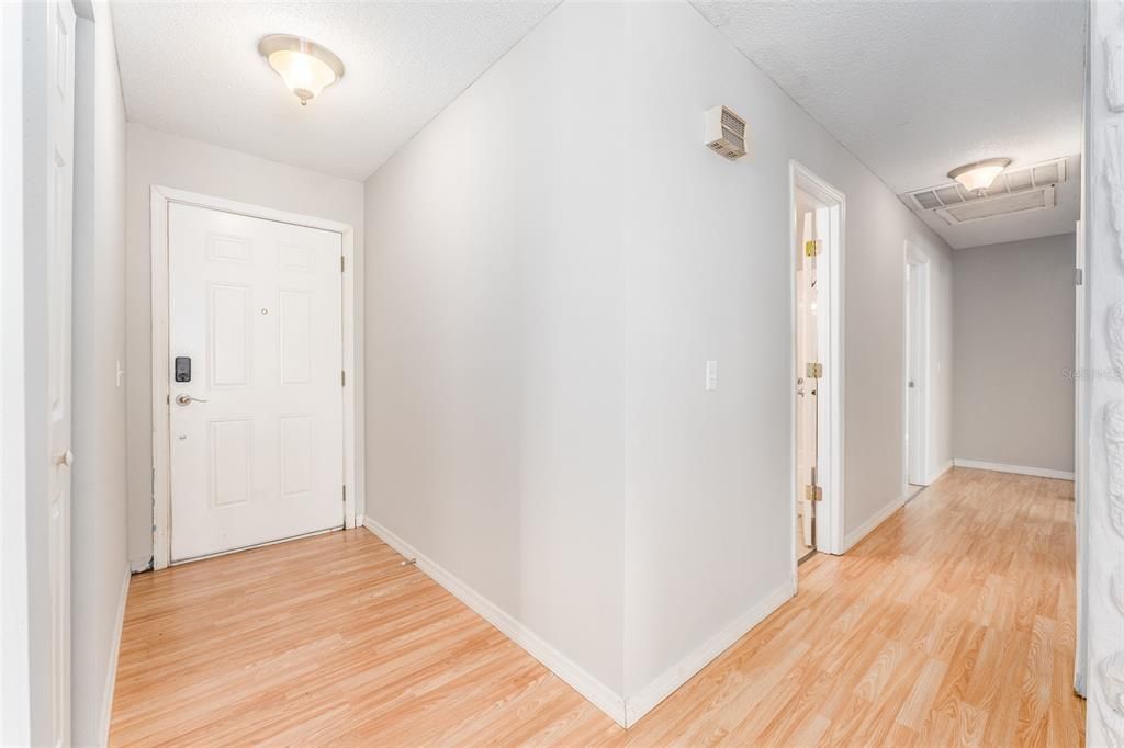 Entrance on left, hallway to bedrooms and bathrooms on right.