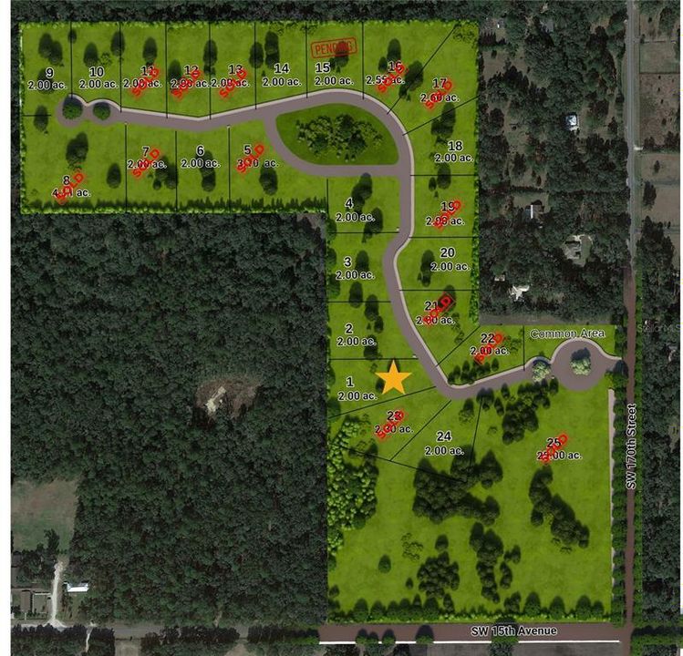 Plat map of available lots with lot 1 starred. Lot 15 is under contract