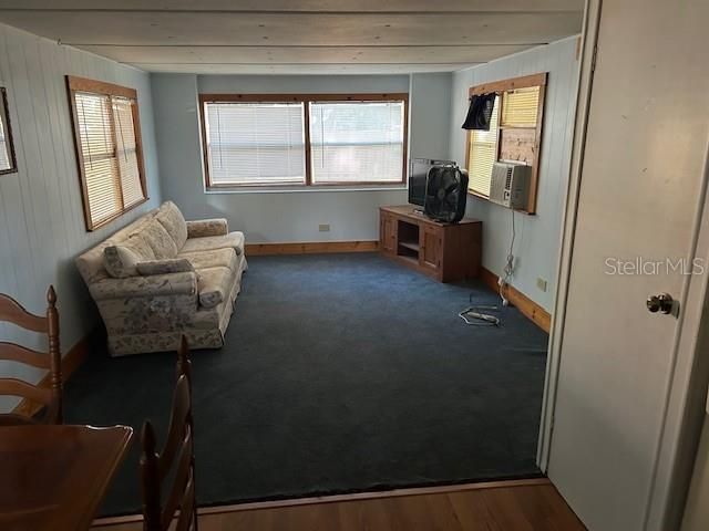 Living room from the kitchen area. Pantry closet door is on the right, and front entry door (not pictured) is just beyond the pantry.