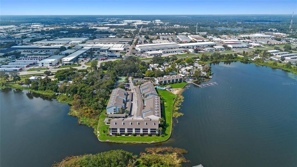 Aerial view of complex and Lake Fairview.