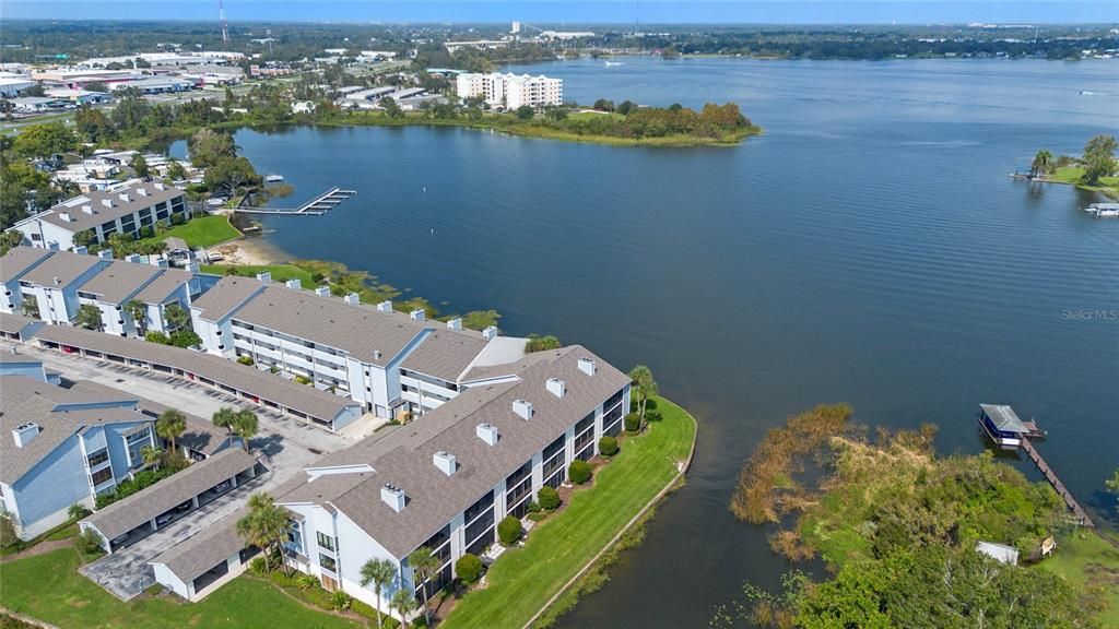 Aerial view of complex and Lake Fairview.